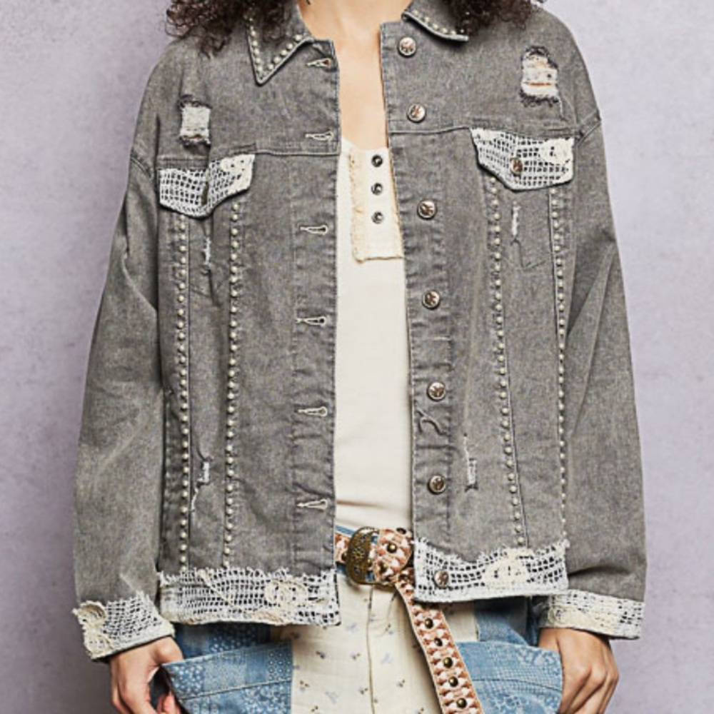 💕 POL Women’s Distressed Grey Denim Jacket with Pearl Trim